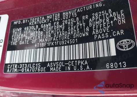 2015 Toyota Camry Xse из США, поврежденный, VIN 4T1BF1FK1FU924501